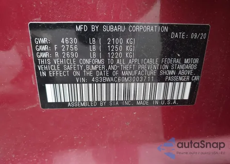 2021 Subaru Legacy Premium z USA, uszkodzony, nr VIN 4S3BWAC60M3003711